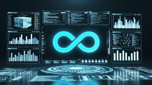 Glowing cyan infinity hologram dashboard analytics data chart graph bar code interface glowing neon infinity hologram dashboard analytics data chart graph bar code interface futuristic blue light