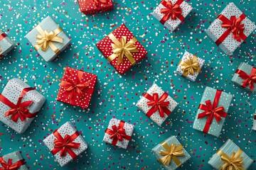 Overhead shot of gift boxes with bows scattered on a speckled teal surface