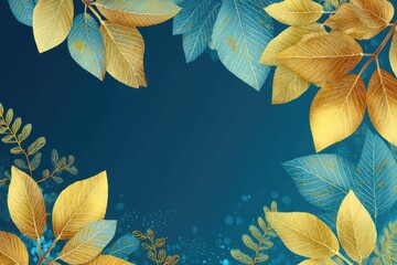 A dark blue backdrop adorned with gold and teal-colored leaves artfully placed around the border