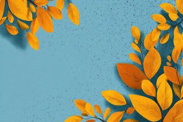 Image of autumn leaves with a blue speckled background. Leaves are warm colors