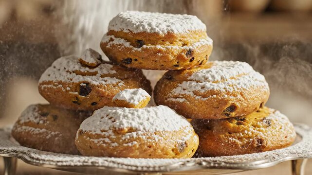 Super slow motion close up of powdered sugar delicately dusting a stack of freshly baked pumpkin spice mini pastries arranged beautifully on a metal serving dish sweet, preparation, treats