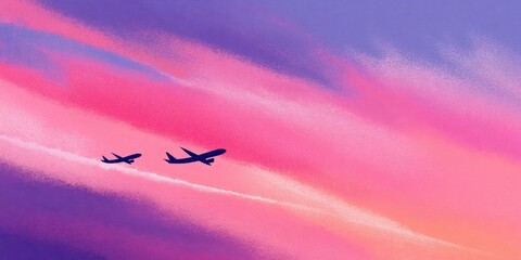 Two planes soar through a vibrant sky painted with pink and purple clouds