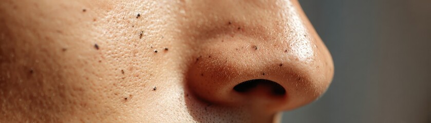 Fototapeta premium Close-up of a nose showcasing skin texture, with visible pores and tiny imperfections, highlighting natural beauty.