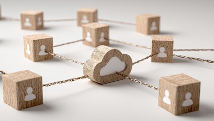 Wooden blocks with cloud and people icons connected by chains