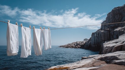 White laundry drying on a clothesline by the ocean