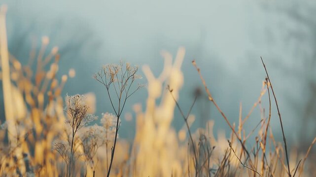 Delicate dry plant stalks and frosted branches dotting a serene, quiet landscape shrouded in a soft, ethereal mist on a chilly morning, creating a calm and moody winter atmosphere