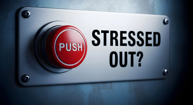 A humorous push button sign with a red button and a thought provoking question about stress