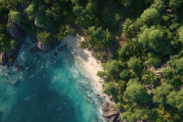 Lush tropical island coastline with pristine beach and turquoise waters