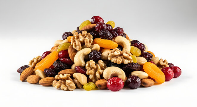 Assorted healthy trail mix nuts fruits snack pile top view white background