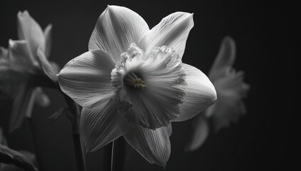 Elegant black and white close-up of a delicate daffodil with soft lighting