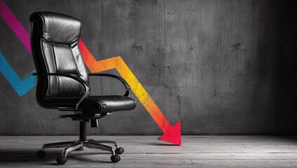 Empty office chair with a downward trending arrow indicating a decline