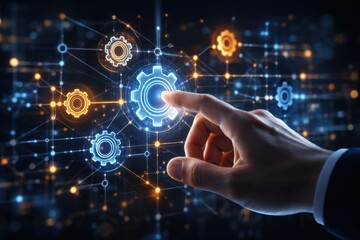 Fototapeta premium Businessman interacting with futuristic technology interface with gears
