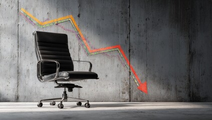 Empty executive chair against a concrete wall with a downward trending graph