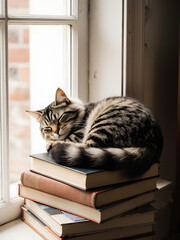 Fluffy Cat Sleeping on a Pile of Books in the Sun