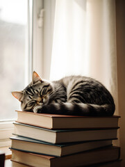 Fluffy Cat Sleeping on a Pile of Books in the Sun