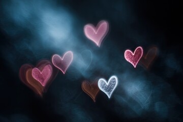 Softly glowing heart shapes drift against a dark, hazy background, evoking romance