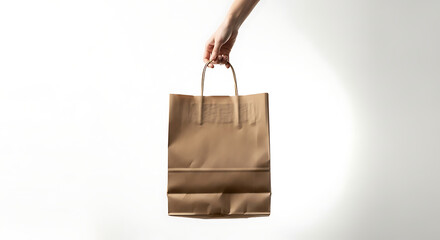 Hand holding brown paper shopping bag minimalist eco-friendly retail concept
