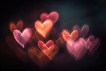 Soft, glowing heart shapes of pink and orange softly illuminate a dark background
