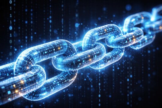 Glowing digital chain link in futuristic cyber background with code