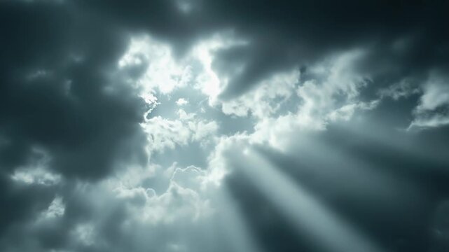 Heavenly sun rays breaking through the ominous dark clouds, creating a dramatic interplay of light and shadow, symbolizing hope, spirituality, and divine intervention in nature