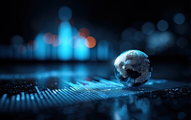 Digital globe on glowing circuit board with abstract city lights background