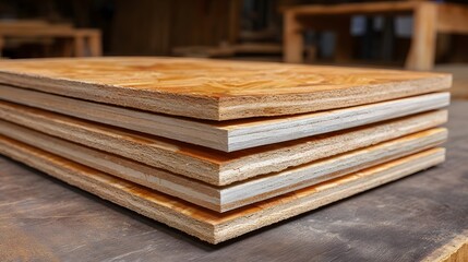 Fototapeta premium Close up view of stacked plywood sheets in a workshop