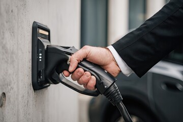 Hand in suit plugs charging cable into modern electric vehicle charging station