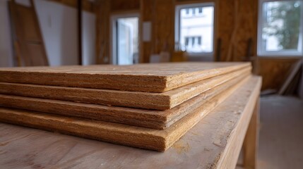 Stack of unfinished wood panels resting on a workbench in an interior construction site