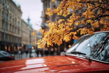 Autumnal street scene with a vibrant red car hood and golden foliage