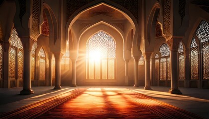 Obraz premium Sunlit Interior of a Grand Mosque with Arches.