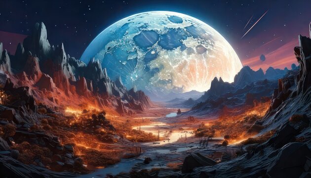 Surreal Landscape with Giant Moon and Fiery Mountains.