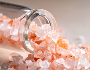 Pink crystal mineral pours from a glass vial, soft lighting