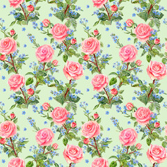Hand-drawn seamless pattern with light-pink Roses and Forget-Me-Not in the Bouquets
