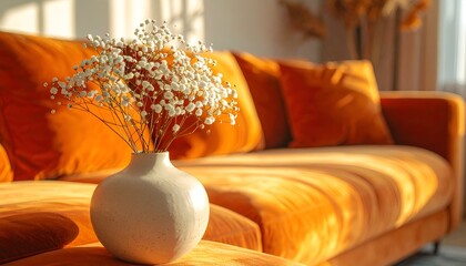 A cream vase with baby's breath sits near an orange velvet sofa