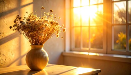Vase of dried flowers bathed in warm sunlight by a window