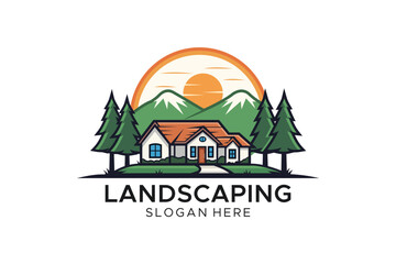 Obraz premium Professional Landscaping Service Logo Design featuring a Modern House, Pine Trees and Mountain Peaks under a Sunset for Real Estate and Home Maintenance Branding