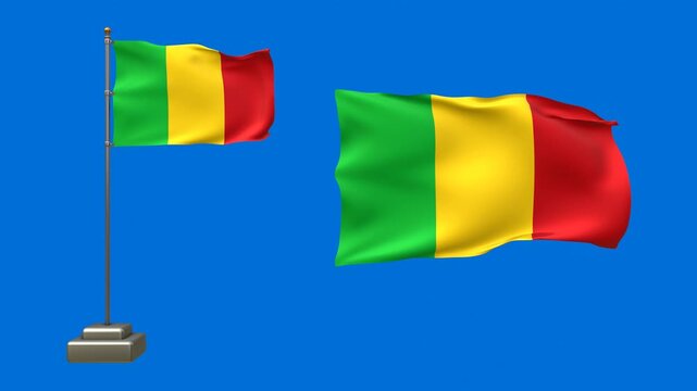 Flag waving in vibrant colors represent the spirit and culture of Mali against a bright blue background