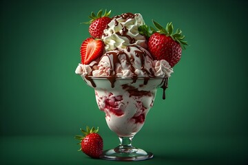Artistic illustration of a strawberry sundae in a crystal glass, chocolate sauce cascading down, strawberries nestled in whipped cream, with a pastel green background