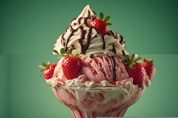 Close-up of a strawberry ice cream sundae with dripping chocolate sauce, fluffy whipped cream peaks, and sliced strawberries, set on a smooth green backdrop