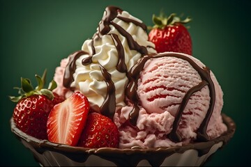 A decadent strawberry ice cream sundae drizzled with glossy chocolate sauce, topped with whipped cream and fresh strawberries, against a vibrant green background