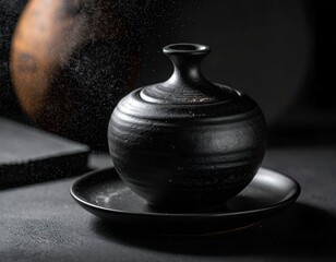 A glossy black ceramic vessel with a lid on a plate, dark background