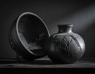 Two dark, ceramic vessels with unique textures sit on a wooden surface