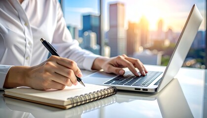 A person in a white shirt writes in a notebook, uses laptop