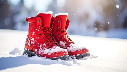 Vivid red boots, laced up, in a winter wonderland, snow-covered
