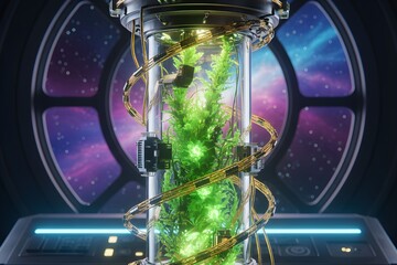 Advanced synthetic bio-reactor with glowing bioluminescent plants in space laboratory environment