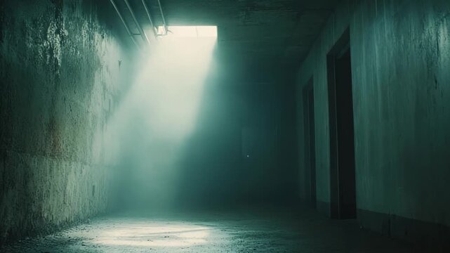Light beam from a high window pierces dusty underground corridor, illuminating cracked concrete floor of an abandoned passage and suggesting escape, hope, and mystery