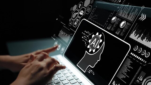 Futuristic Laptop Displaying Artificial Intelligence Concepts with Data Visualization Graphics and Human Elements. Asymptotic smart data analytic.