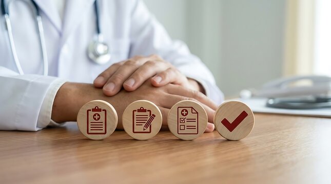 Doctor with medical checklist and approved checkmark icons on wooden blocks.