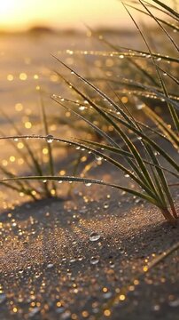 Ethereal Coastal Awakening A serene, close-up perspective of the natural coastal landscape coming to life in the early morning, characterized by peaceful light and the ethereal glow of dew.