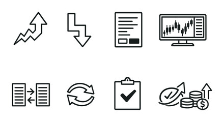 Financial icons: growth, exchange, reports, and analytics on dark background